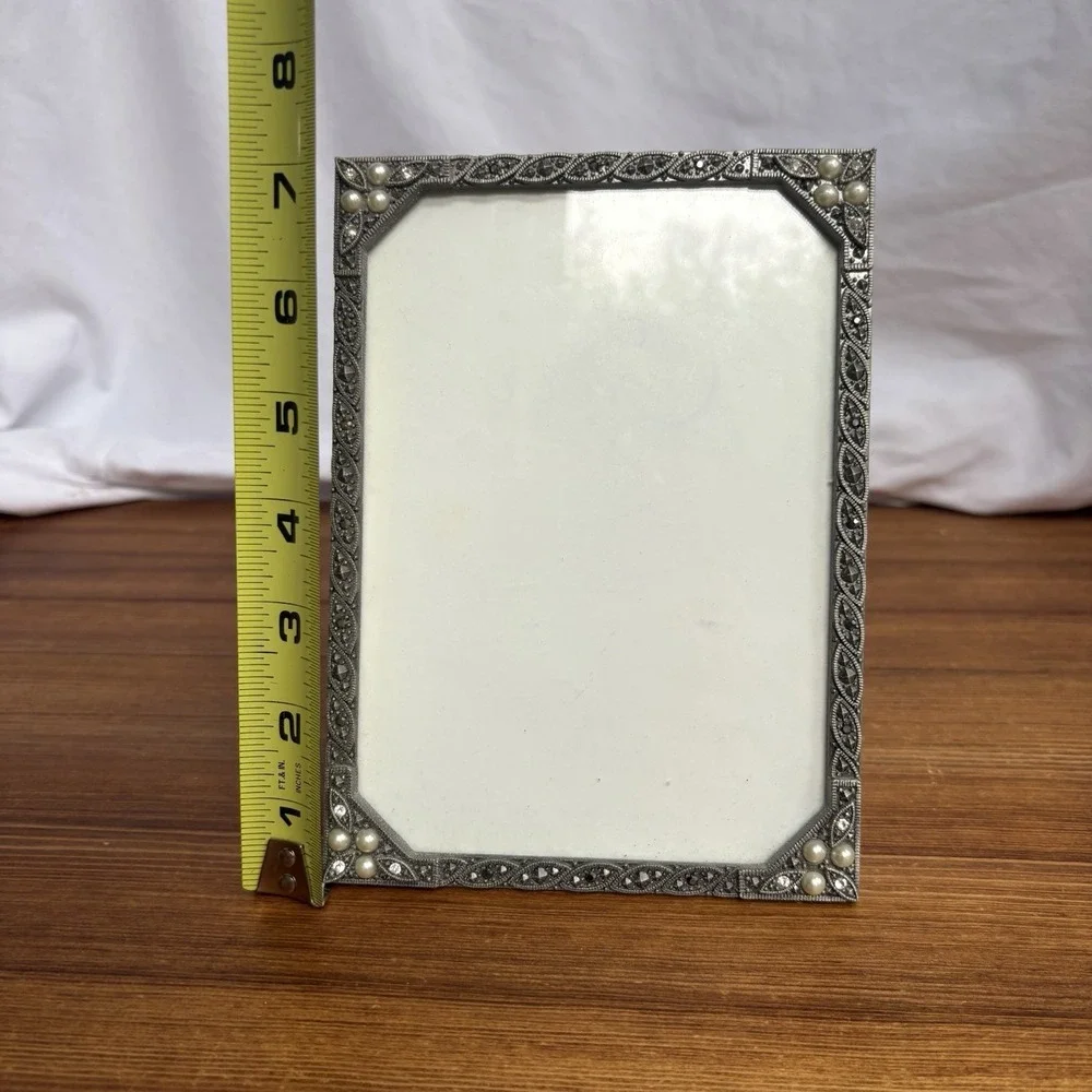 Carr Silver Tone Marcasite & Faux Pearl Picture Frame 4x6 Photo Frame